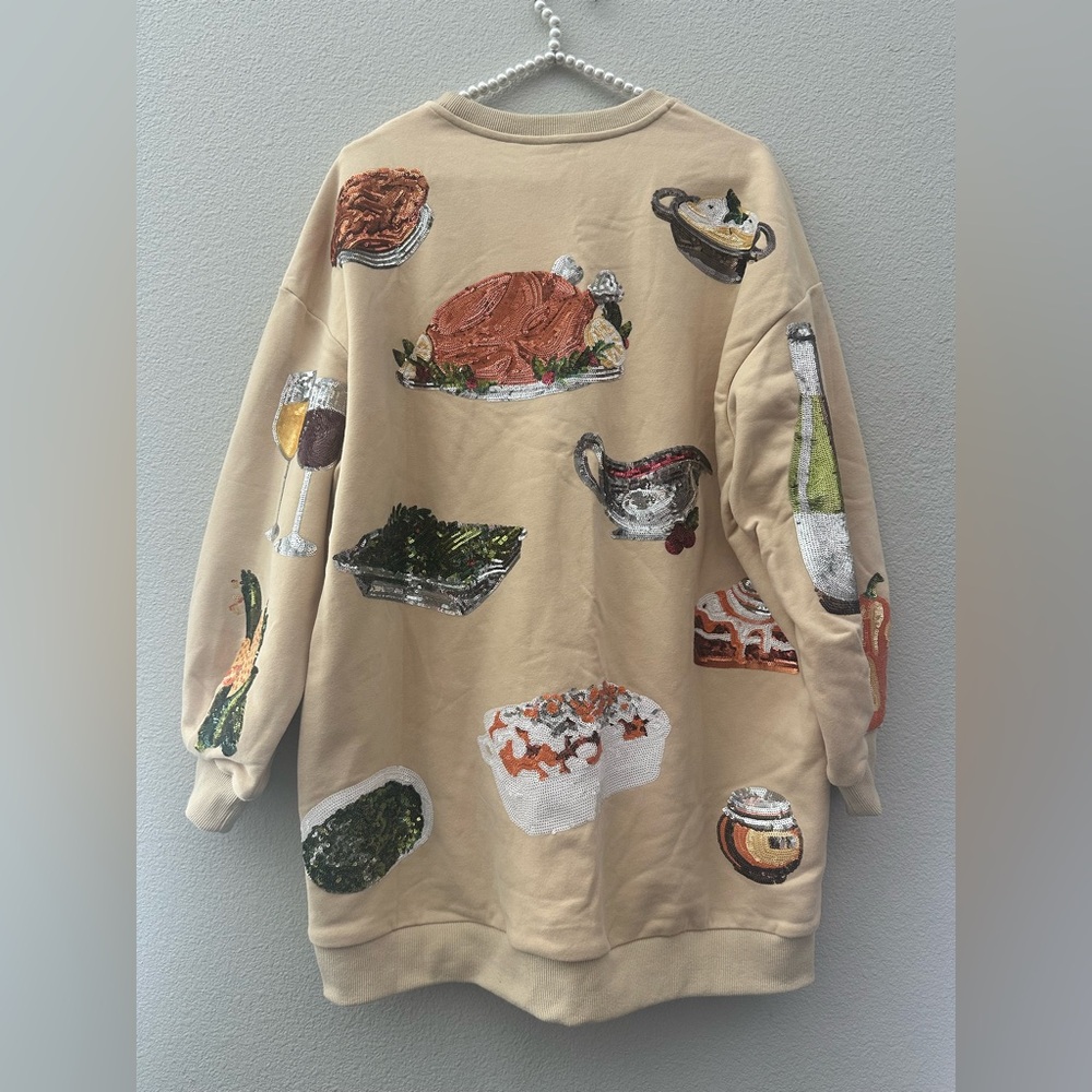 NWT • QUEEN OF SPARKLES • QOS • THANKSGIVING DINNER SWEATSHIRT DRESS • SIZE XS - Picture 2 of 4